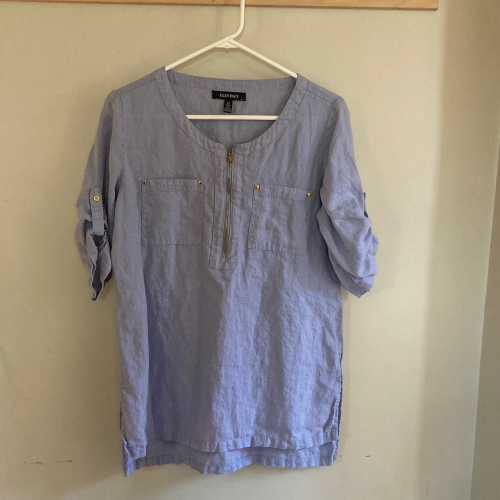 Ellen Tracy Light Blue Linen Zip Front Top